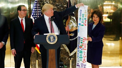 President Donald Trump, accompanied by Transportation Secretary Elaine Chao and Treasury Secretary Steven Mnuchin, holds a flowchart of highway projects as he speaks to the media in the lobby of Trump Tower in New York, Tuesday, Aug. 15, 2017.