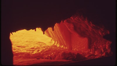 The inside of a 2,500-degree glass furnace.