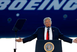 In this Feb. 17, 2017, file photo, President Donald Trump to speaks to Boeing employees in the final assembly building at Boeing South Carolina in North Charleston, S.C. The Air Force, which has been looking for ways to lower the cost of new planes for Air Force One, confirmed on Tuesday, Aug. 1, that it is talking to Boeing about buying two jumbo jets that were ordered but never delivered to a now-defunct Russian airline.