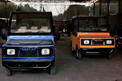 This Tuesday, Aug. 1, 2017 photo, shows new locally made Egyptian minicars parked inside a garage, in the village of Kerdasa, not far from the Giza Pyramids, greater Cairo, Egypt. Entrepreneur Ahmed Saeed el-Feki’s golf-cart looking minicar is different in design and mechanical efficiency from the Chinese Tuk Tuk, a three-wheeled motorized vehicle used as a taxi, which is popular in Egypt.