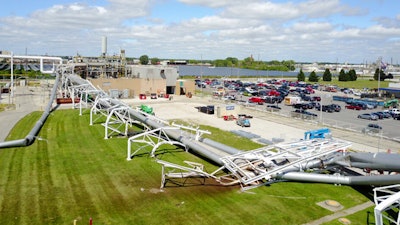 This photo provided by the Wayne Township Fire Department shows a network of large pipes and support structures that collapsed at a Rolls-Royce aircraft-engine assembly plant in Indianapolis, Friday, Aug. 4, 2017. A Rolls Royce spokesman said there were no injuries.