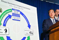 Acting U.S. Attorney for the Southern District of New York Joon H. Kim, second from right, and FBI Assistant Director William Sweeney, Jr., right, hold a press conference to announce the arrest of four assistant basketball coaches from Arizona, Auburn, the University of Southern California and Oklahoma State on federal corruption charges, Tuesday Sept. 26, 2017, in New York.