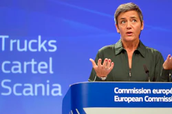 European Commissioner for Competition Margrethe Vestager speaks during a media conference regarding a truck cartel case at EU headquarters in Brussels on Wednesday, Sept. 27, 2017.