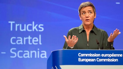 European Commissioner for Competition Margrethe Vestager speaks during a media conference regarding a truck cartel case at EU headquarters in Brussels on Wednesday, Sept. 27, 2017.