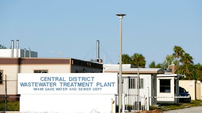 The entrance to the Central District Wastewater Treatment Plant is shown, Thursday, Sept. 14, 2017, on Virginia Key in Miami, Fla. About six million gallons of wastewater was released from the plant during a seven-hour power outage overnight Sunday that disabled its pumps.