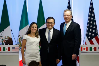 Canadian Foreign Affairs Minister Chrystia Freeland, from left, Mexico's Secretary of Economy Ildefonso Guajardo Villarreal, and U.S. Trade Representative Robert Lighthizer, pose for a group photo at a press conference regarding the second round of NAFTA renegotiations in Mexico City. Tuesday, Sept. 5, 2017.