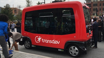 A Transdev EZ10 autonomous vehicle was deployed Thursday, Sept. 14, 2017 at a City of Atlanta Smart City Project launch to demonstrate the city's efforts to employ high-technology sensors and cameras to guide AV's to improve traffic safety.