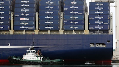 In this Monday, Feb. 29, 2016, photo, a Foss Maritime tugboat nudges the container ship CMA CGM Benjamin Franklin into place at Seattle's Terminal 18. On Tuesday, Sept. 19, 2017, the Commerce Department reports on the U.S. current account trade deficit for the April-June quarter. The current account is the broadest trade measure, covering goods, services and investment flows.