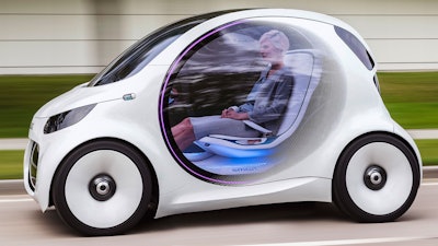 The image provided by Daimler shows smart vision EQ fort. The self-driving concept car will be presented at the Frankfurt International Motor Show, which opens for journalists Tuesday and Wednesday and to the general public from Saturday through Sept. 24, 2017.