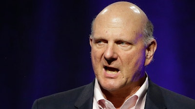 In this Saturday, July 15, 2017, file photo, Steve Ballmer, former CEO of Microsoft, addresses a plenary session on the third day of the National Governors Association's meeting in Providence, R.I. Ballmer says he started his new venture, USAFacts, as a way to “suck out all the data” collected by government agencies and shoot it back out to the public in a digestible form.