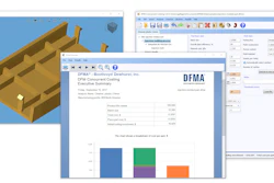 DFM Concurrent Costing 3.0 software from Boothroyd Dewhurst, Inc. is calculating the optimum processing time and molding equipment for the part geometry shown in the upper left. Many factors are evaluated such as cooling rates and cycle times. In this case, a Battenfeld system was selected, along with ABS material. The Executive Summary report in the center window reveals product life volume, batch size, total cost, piece part cost, and initial tooling investment. DFM 3.0 allows multiple processes and materials to be compared or eliminated for a given product geometry. Such comparisons can lead to significant cost savings.