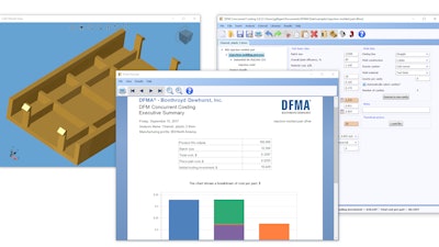 DFM Concurrent Costing 3.0 software from Boothroyd Dewhurst, Inc. is calculating the optimum processing time and molding equipment for the part geometry shown in the upper left. Many factors are evaluated such as cooling rates and cycle times. In this case, a Battenfeld system was selected, along with ABS material. The Executive Summary report in the center window reveals product life volume, batch size, total cost, piece part cost, and initial tooling investment. DFM 3.0 allows multiple processes and materials to be compared or eliminated for a given product geometry. Such comparisons can lead to significant cost savings.