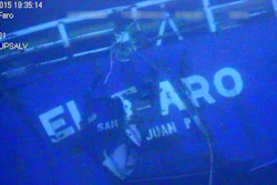 This undated image made from a video released April 26, 2016, by the National Transportation Safety Board shows the stern of the sunken ship El Faro. In a report released Sunday, Oct. 1, 2017, the Coast Guard says the primary cause of the sinking of a cargo ship two years ago that killed all 33 aboard was Capt. Michael Davidson misreading both the strength of a hurricane and his overestimation of the ship's strength.