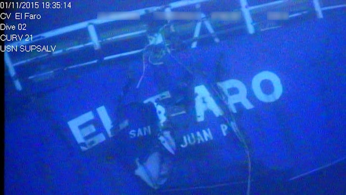 This undated image made from a video released April 26, 2016, by the National Transportation Safety Board shows the stern of the sunken ship El Faro. In a report released Sunday, Oct. 1, 2017, the Coast Guard says the primary cause of the sinking of a cargo ship two years ago that killed all 33 aboard was Capt. Michael Davidson misreading both the strength of a hurricane and his overestimation of the ship's strength.