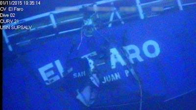 This undated image made from a video released April 26, 2016, by the National Transportation Safety Board shows the stern of the sunken ship El Faro. In a report released Sunday, Oct. 1, 2017, the Coast Guard says the primary cause of the sinking of a cargo ship two years ago that killed all 33 aboard was Capt. Michael Davidson misreading both the strength of a hurricane and his overestimation of the ship's strength.
