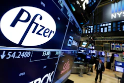 This April 6, 2016, file photo shows the Pfizer logo appearing on a screen above its trading post on the floor of the New York Stock Exchange. Pfizer said Tuesday, Oct. 10, 2017, it may sell its consumer health care business, which includes the Advil brand, as part of a strategic review.