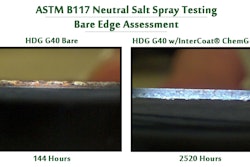 G40 bare (left) after 144 hours and G40 with InterCoat® ChemGuard (right) after 2520 hours. Test: ASTM B117 salt spray.