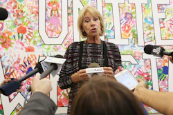 Education secretary Betsy DeVos addresses reporters during her visit to McMinnville High School in McMinnville, Ore., Wednesday, Oct. 11, 2017.