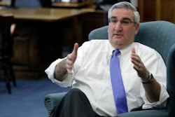 Indiana Gov. Eric Holcomb responds to a question during an interview, Wednesday, Oct. 4, 2017, in Indianapolis.