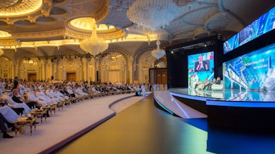In this photo released by Saudi Press Agency, SPA, Saudi Crown Prince Mohammed bin Salman and the others attend the opening ceremony of Future Investment Initiative Conference in Riyadh, Saudi Arabia, Tuesday, Oct. 24, 2017. Saudi Arabia's Crown Prince defended his bold reform plans, including the kingdom's decision to lift the ban on women driving, saying that 'we were not like this in the past.'