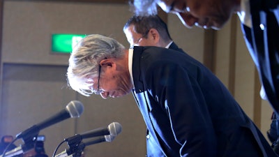 Kobe Steel President and CEO Hiroya Kawasaki bows during a press conference in Tokyo, Friday, Oct. 13, 2017. Steel maker Kobe Steel apologized Thursday after finding wider problems, dating back to 2011, with faked inspections data for metals used in many products, including cars, bullet trains, aircraft and appliances.