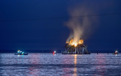 efferson Parish, La., authorities and others from other parishes respond to an oil rig explosion in Lake Pontchartrain off Kenner, La., Sunday, Oct. 15, 2017.