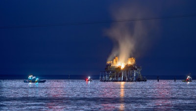 efferson Parish, La., authorities and others from other parishes respond to an oil rig explosion in Lake Pontchartrain off Kenner, La., Sunday, Oct. 15, 2017.