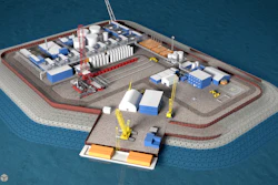 This undated illustration provided by Hilcorp Alaska Inc. shows a model of an artificial gravel island of the Liberty Project, a proposal to drill in Arctic waters from the artificial island. Alaska Natural Resources Commissioner Andy Mack says oil production on gravel islands in state waters show that the Liberty Project can be done safely. Opponents say spills are inevitable and Arctic offshore oil should stay in the ground.