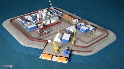 This undated illustration provided by Hilcorp Alaska Inc. shows a model of an artificial gravel island of the Liberty Project, a proposal to drill in Arctic waters from the artificial island. Alaska Natural Resources Commissioner Andy Mack says oil production on gravel islands in state waters show that the Liberty Project can be done safely. Opponents say spills are inevitable and Arctic offshore oil should stay in the ground.