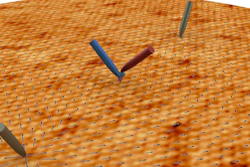 An ORNL-led team successfully detected and measured a voltage created as electrons, exhibiting quirky particle behavior called spin current, moved across the surface of a quantum material.