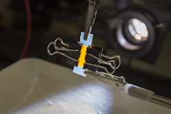 A close-up of a sample solar photovoltaic cell being tested in the NanoEnergy Lab at Worcester Polytechnic Institute (WPI). The lab is developing new materials that could replace silicon, potentially lowering the cost of making solar cells while improving their efficiency.