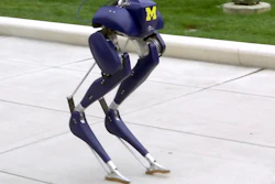 In this Monday, Oct. 23, 2017 image made from video, a new robot, named 'Cassie,' walks on the campus of the University of Michigan in Ann Arbor, Mich. Researchers say the two-legged, bird-like machine, which is capable of walking unassisted on rough and uneven terrain, could someday have applications for search-and-rescue efforts.