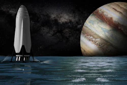 This artist's rendering provided by SpaceX on Tuesday, Sept 27, 2016 shows the company's proposed Interplanetary Transport System passenger module on the surface a moon orbiting the planet Jupiter. For the past decade, Elon Musk has borrowed from science fiction and fantasy when naming his rockets, engines, capsules and other space doodads. For his first passenger ship, he is leaning toward the name 'Heart of Gold,' the starship in the novel 'The Hitchhiker's Guide to the Galaxy.'