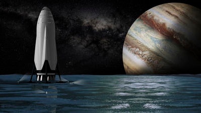 This artist's rendering provided by SpaceX on Tuesday, Sept 27, 2016 shows the company's proposed Interplanetary Transport System passenger module on the surface a moon orbiting the planet Jupiter. For the past decade, Elon Musk has borrowed from science fiction and fantasy when naming his rockets, engines, capsules and other space doodads. For his first passenger ship, he is leaning toward the name 'Heart of Gold,' the starship in the novel 'The Hitchhiker's Guide to the Galaxy.'