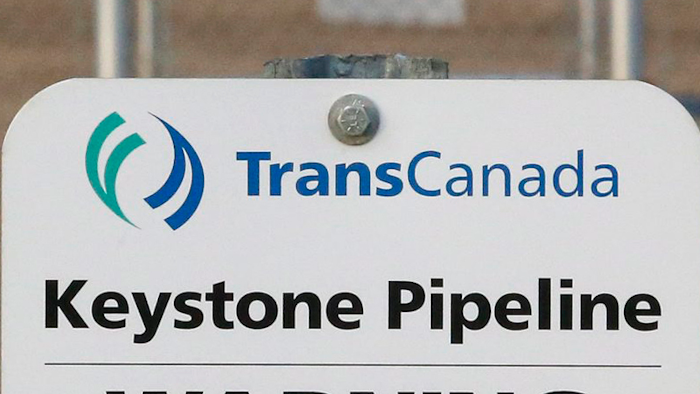 This Nov. 6, 2015, file photo shows a sign for TransCanada's Keystone pipeline facilities in Hardisty, Alberta, Canada. TransCanada Corp.’s Keystone pipeline leaked oil onto agricultural land in northeastern South Dakota, the company and state regulators said Thursday, Nov. 16, 2017, but state officials don’t believe the leak polluted any surface water bodies or drinking water systems.