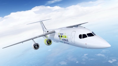 The artist rendering shows an Airbus e-FanX hybrid test plane..