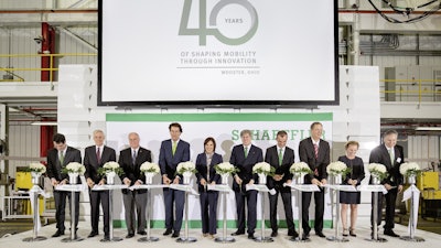 Opening ceremony for the expansion of the Wooster plant. Among the guests were (from left) Patrick Lindemann, Vice President Transmission Systems; Bruce G. Warmbold, Regional CEO Americas; Bob Breneman, Mayor of Wooster; Klaus Rosenfeld, CEO of Schaeffler AG; Mary Taylor, Lieutenant Governor of Ohio; Georg F. W. Schaeffler, Chairman of the Supervisory Board of Schaeffler; Matthias Zink, CEO Automotive; Oliver Jung, Chief Operating Officer; Shelly Flint, Director Human Resources Transmission Systems and Automotive; and Marc McGrath, President of Automotive Americas.