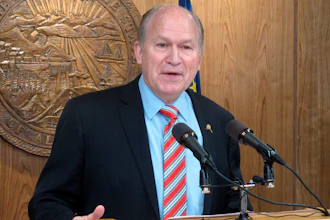 In this Tuesday, April 18, 2017, file photo, Alaska Gov. Bill Walker addresses reporters during a news conference in Juneau, Alaska. The state of Alaska will attempt to advance a multibillion dollar natural gas pipeline project with the help of interests from China. Walker said the agreement signed late Wednesday, Nov. 8, 2017, is with Sinopec, China Investment Corp. and the Bank of China.