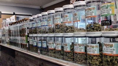 This Friday, Nov. 3, 2017 photo shows jars of medical marijuana on display on the counter of Western Caregivers Medical marijuana dispensary in Los Angeles. Consumers eager for the coming of California's legal recreational marijuana market should be ready for sticker shock. An array of new taxes and fees will be attached to pot sales, driving up prices.