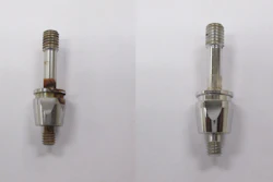 The part on the left was citric passivated prior to 72 hour salt spray testing, and the part on the right was electropolished prior to 72 salt spray testing.