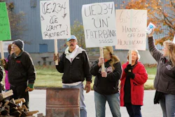 Workers at manufacturer Fairbank Scales picket after contract negotiations failed, Thursday, Nov. 2, 2017 in St. Johnsbury, Vt.
