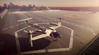 This computer generated image provided by Uber Technologies on Wednesday, Nov. 8, 2017 shows a flying taxi by Uber. Commuters of the future could get some relief from congested roads if Uber's plans for flying taxis work out. The ride-hailing service has unveiled an artist's impression of the sleek, futuristic machine it hopes to start using for demonstration flights in 2020 and deploy for ride-sharing by 2028.