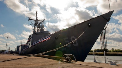 In this Sept. 18, 2015, photo released by the U.S. Navy, the guided-missile frigate USS Kauffman is honored at a decommissioning ceremony at Naval Station Norfolk in Norfolk, Va. The Kauffman was the last operational Oliver Hazard Perry-class frigate to be retired. Shipbuilder Bath Iron Works in Bath, Maine, said in November 2017 that it is offering a new design concept in response to a Navy request for up to 20 new frigates.