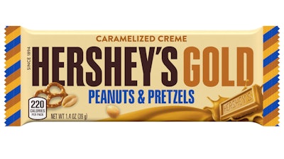 This image released by The Hershey Company shows their new candy bar Hershey's Gold that will go on sale Dec. 1, 2017. It’s described as a caramelized cream bar embedded with salty peanut and pretzel bits.