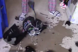 A Keurig machine is smashed.