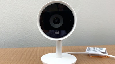 This July 25, 2017, frame grab from video shows the Nest Cam IQ camera. Nest’s newest home security camera is supposed to be so smart that it can recognize anyone entering its sight line after it has been introduced to someone. That skill comes from facial recognition technology made by sister company Google. As The Associated Press discovered, the Nest Cam IQ has an uncanny knack for recognizing people, even when they’re disguised.