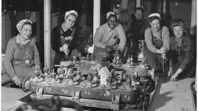 Women shipfitters working on board the USS Nereus at the U.S. Navy Yard in Mare Island, circa 1943.