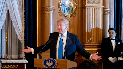 U.S. President Donald Trump speaks during a state banquet at the Akasaka Palace, Monday, Nov. 6, 2017, in Tokyo. Trump is on a five-country trip through Asia traveling to Japan, South Korea, China, Vietnam and the Philippines.