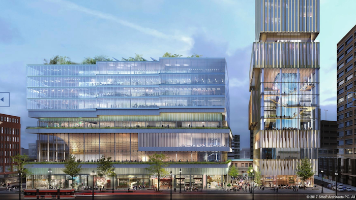 In an artist rendering provided by SHoP Architects, Detroit's new 800-foot-tall, $900 million two-building project that will include a 58-story residential tower and 12-floor building for retail and conference space in shown. Ground was ceremoniously broken for the project, Thursday, Dec. 14, 2017.