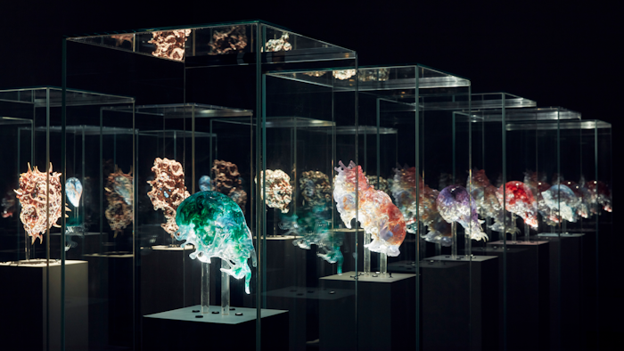 Installation view of Neri Oxman Vespers, Series 1 - 3, masks 1 - 5 2016 on display in NGV Triennial at NGV International, 2017.